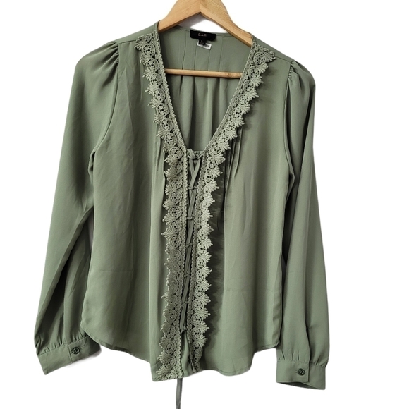 COTTON Sage Long Sleeve Lace Tie-up Pleated Blouse Sage Green Size S oversized - Picture 2 of 9